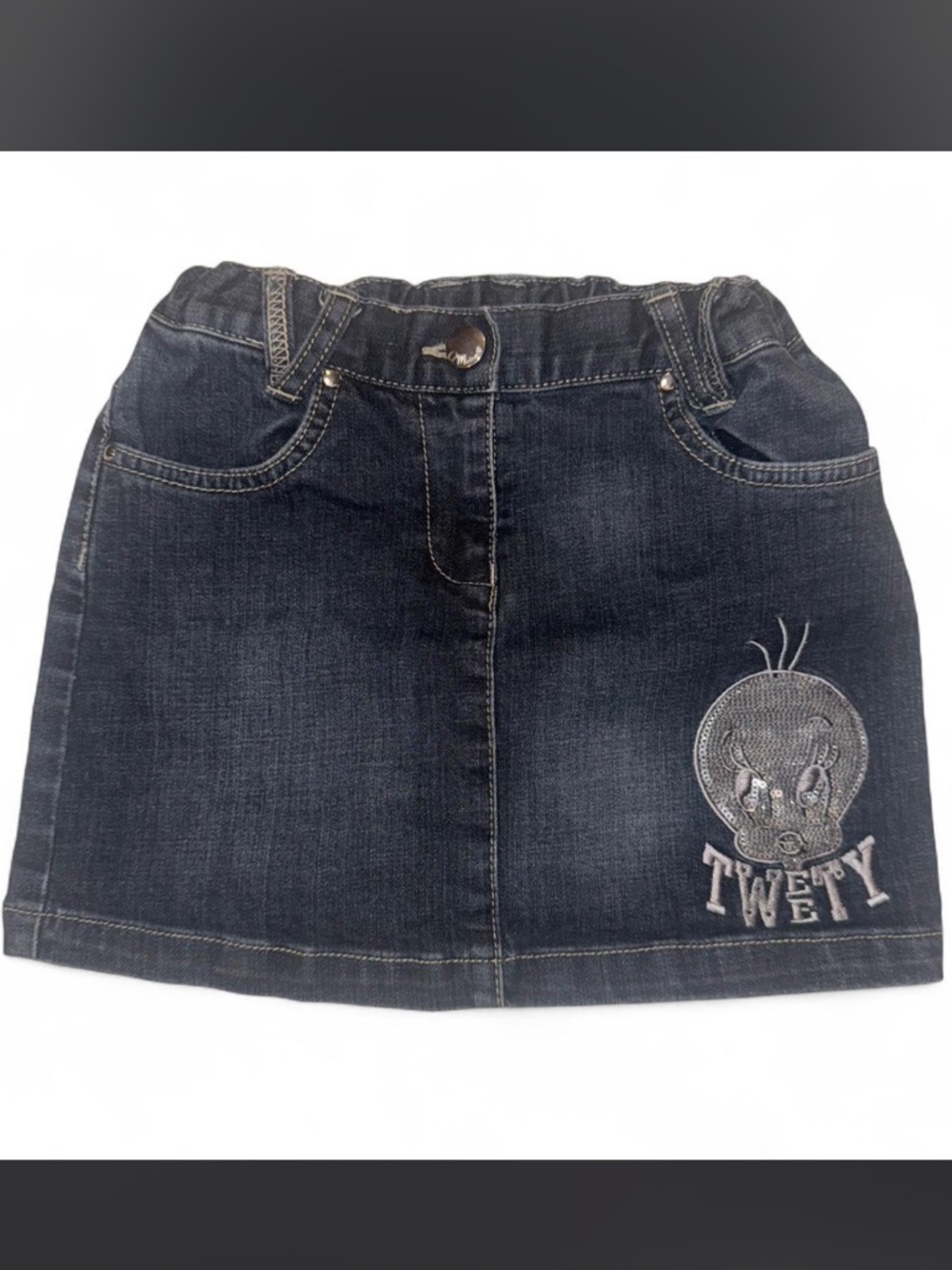 Y2K Tweety Bird Denim Mini Skirt 💖 Rhinestone Sequin